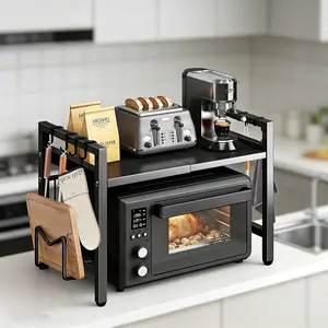 Adjustable Width Microwave Rack with 6 Hooks, Vertical Kitchen Storage Solution, Easy Installation, Save Counter Space, Holds Ovens and Appliances