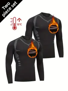 Two-Piece Set Men'S Warmth-Enhancing Athletic Wear for Running and Gym, Featuring Fleece-Lined Tight-Fitting Apparel for Autumn and Winter Morning and Night Jogging Training