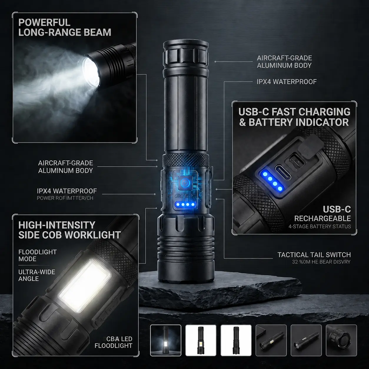 High Powered Portable Handheld Compact Aluminum Alloy LED Flashlight for Adults, with COB Side LED Lights, USB Charging Cable, and Reversible-Charging Batteries