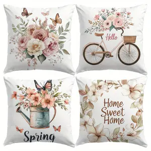 4pcs, Spring Throw Pillow Covers, Blend Fresh Flower Hello Spring Throw Pillow Covers Butterfly Blooming Flowers Spring Summer Farmhouse Decorations Watering Can Bike Spring Cushion Covers for Sofa Couch, Single Sided Printing, No Pillow Core, Home Decor