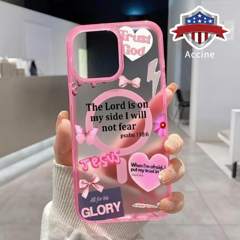 Magnetic Phone Case Supports Wireless Charging for iPhone 16 Pro Max 15 Plus 14 13 12 11 XS XR E Pink Heart-Ribbon Bow Pattern Shockproof Soft Silicone Transparent Cover Cellphone Protective Protection Casing