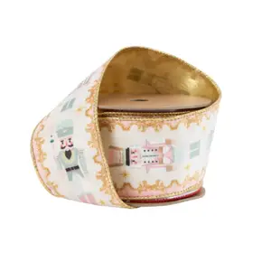 Pink Nutcracker Holiday Ribbon 2.5" x 15 Yards Double-Sided Velvet with Gold Wired Christmas Ribbon for Festive Decor