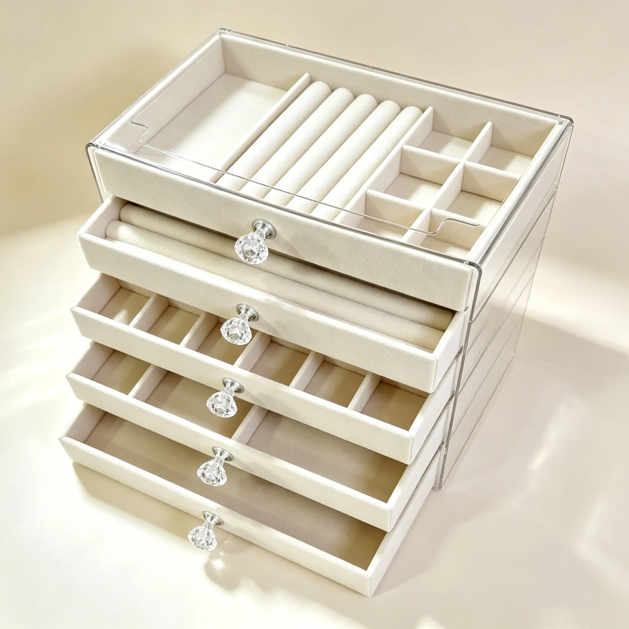 Classic 5-Layer Velvet Jewelry Organizer Box, Multi-Grid Earring Studs Storage Case, Acrylic Dustproof Display Box for Home Organization