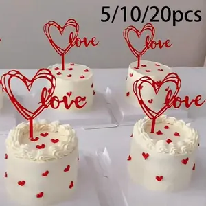 5/10/20PCS Red Love Cake Topper, Acrylic Cake Topper Valentine's Day Cupcake Topper Cake Decorations,Birthday Wedding Cake Toppers For Valentine's Day Wedding Anniversary Party Gifts Cake Decoration