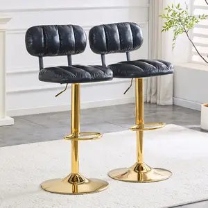 2-Pack Adjustable Height Bar Stools Set of 2 Modern Kitchen Island Chairs with Back Support, Gold Metal Base & Footrest, Black PU Leather Swivel Stool for Home Bar Game Room