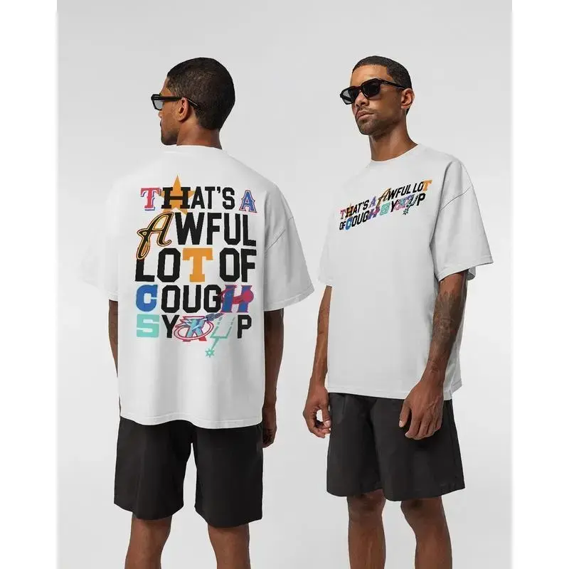 That’s a Awful Lot of Cough Syrup Bold Letter Mosaic Graphic Tee, Oversized Black Streetwear T-Shirt, Patchwork Typography Hip Hop Fashion, Unisex Hypebeast Statement Top, Funny Urban Shirt for Men & Women, Loose Fit Cotton Tee, Playful Icon Motif