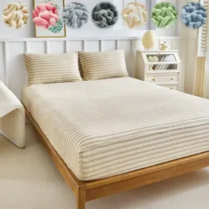 Luxury faux rabbit fur striped bedding set, soft and warm fitted sheet with 1/2 pillowcases, solid color three-piece sheet set, suitable for all seasons, perfect for bedrooms, dorms, sofas, and guest rooms, the ideal gift for the holidays, Bed Sheets Set