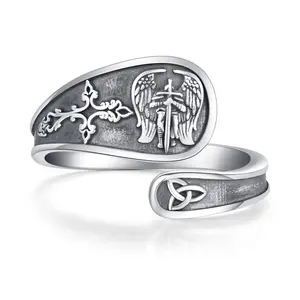 Saint Michael Spoon Rings for Women Men 925 Sterling Silver Saint Michael Adjustable Thumb Ring Fine Jewelry Gifts for Christmas Birthday Anniversary