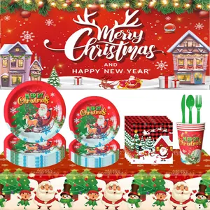 82 Piece Christmas Party Supplies Set, Disposable Plates Napkins Utensils Decorations, Santa Claus Plate Tablecloth Background Cloth