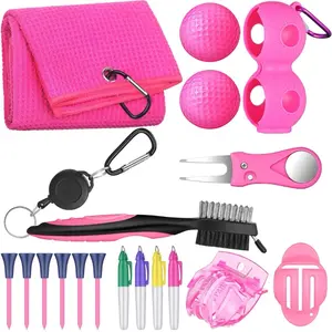 Pink Golf Accessories Kit - 18 Pcs with Golf Ball Marker, Club Groove Cleaner Brush, Divot Repair Tools, Plastic Tees & Accessories for Women