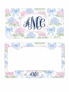 Personalized Hydrangea License Plate & Frame Set, Custom Monogram Floral Car Tag, Blue Pink Bow Aesthetic Plate Frame Combo, Cute Girly Car Accessories Gift for Women