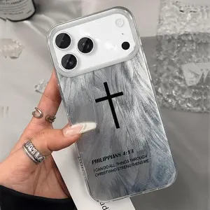 Christian Faith Themed Smartphone Protective Case, Silver Foil Feather Texture with Cross Scripture, Anti-Fingerprint Flexible TPU Cover for iPhone 1-17 Pro Max Air, Handheld Cellphone Devices Accessories for Daily Use