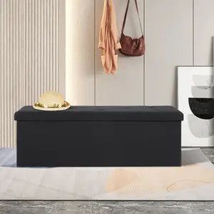 VECELO 43 Inches Folding Storage Ottoman Bench, Storage Chest, Foot Rest Stool, Bedroom Bench with Storage,Black/Dark Grey/Gray/Blue Folding Storage