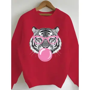 Women's Plaid Green Tiger Bubble Gum Pattern Sweatshirt - Casual Round Neck, Long Sleeve,  Pullover, Machine Washable - Perfect Choice for Autumn/Winter