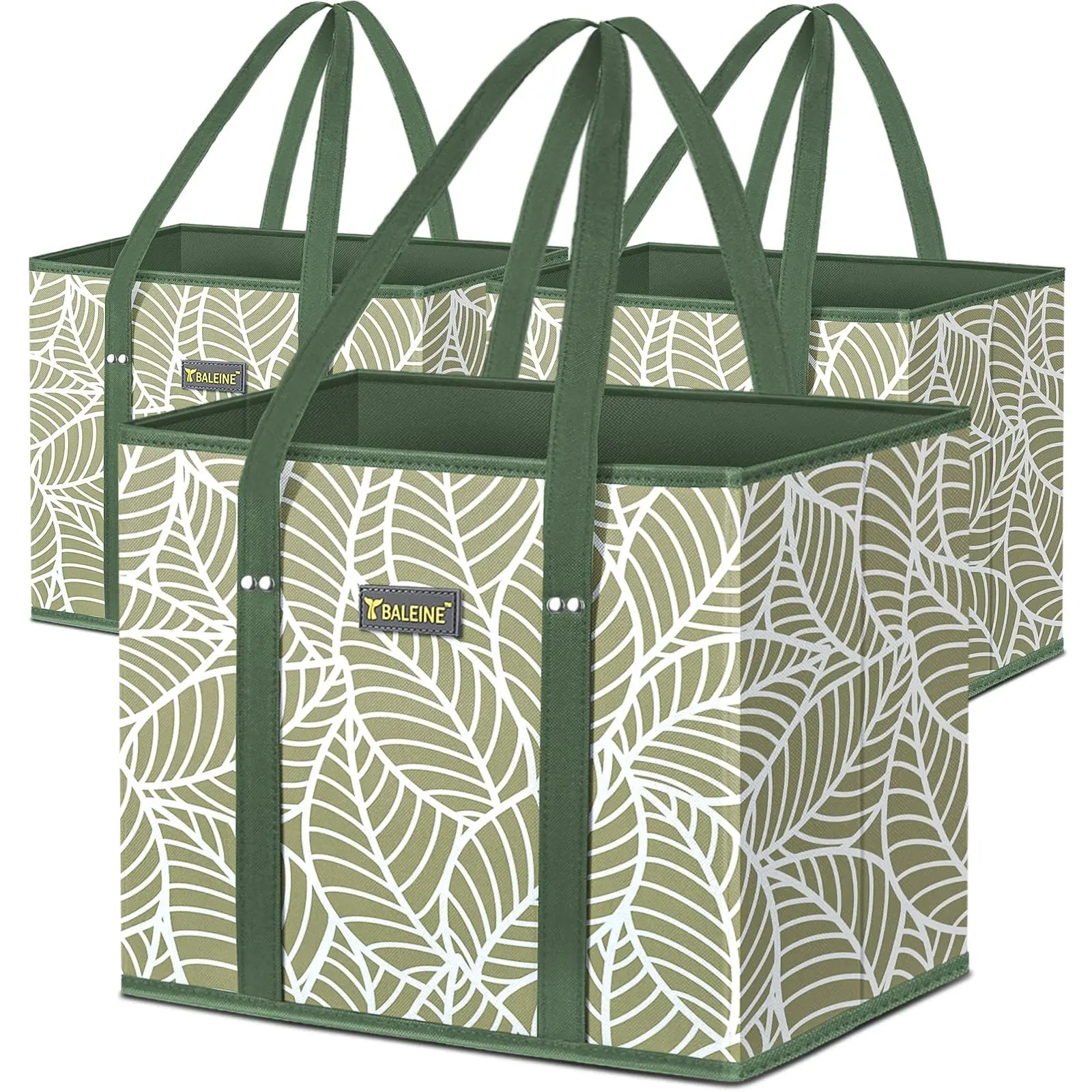 3-Pack Foldable Reusable Grocery Bags with Reinforced Bottoms & Handles, Heavy Duty Storage Totes for Shopping, Grocery Shopping & Everyday Carrying - Supports Heavier Loads, Antique Foliage
