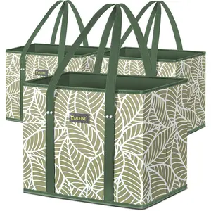 3-Pack Foldable Reusable Grocery Bags with Reinforced Bottoms & Handles, Heavy Duty Storage Totes for Groceries, Everyday Carrying - Supports Heavier Loads, Antique Foliage