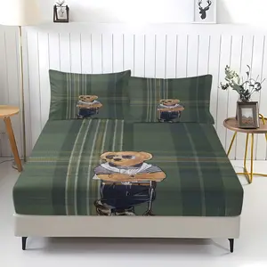 Teddy Bear Fitted Sheet Set (3-Piece, 1 Fitted Sheet + 2 Pillowcases), Preppy Winter Sport Design, Perfect for Bedroom & Dorm Decor