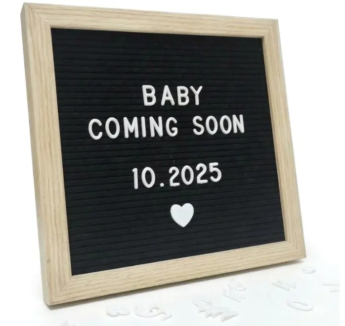 Black Felt Letter Board 10x10in, Baby Announcement Sign & Pregnancy Announcement Board, 336 Pre-Cut Letters, Wooden Frame, Felt Letter Board for Milestone Photos, Wall Mount or Stand