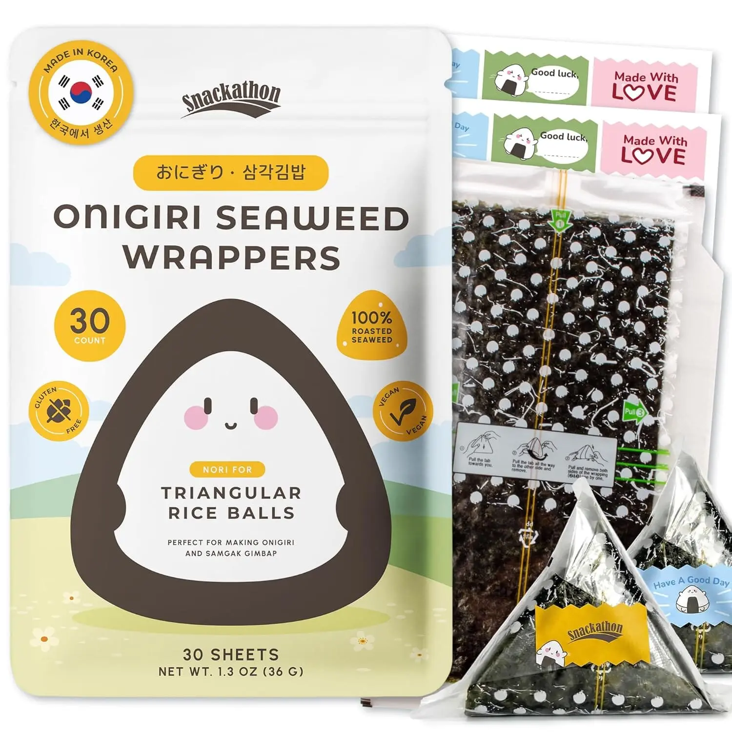 Snackathon Onigiri Seaweed Wrappers, Made in Korea, Premium Roasted Nori for Triangle Rice Balls, Gimbap, Korean Food, Lunch and Snack Box, Includes Cute Sealing Stickers