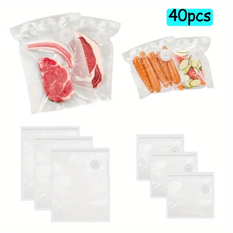 40PCS Reusable Food Vacuum Bags, Vacuum Sealer Bags for Food with Air Valve, Kitchen Air Valve Self-Sealing Crisper Bags, Suitable for Food Preservation Storage