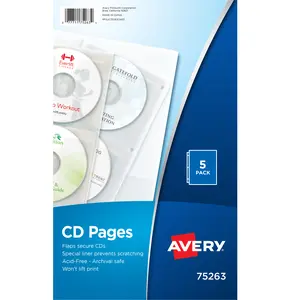Avery Clear DVD Storage Sleeves for 3 Ring Binder, Two-Sided, Pack of 5 Holds 20 CD/DVDs Total (75263)