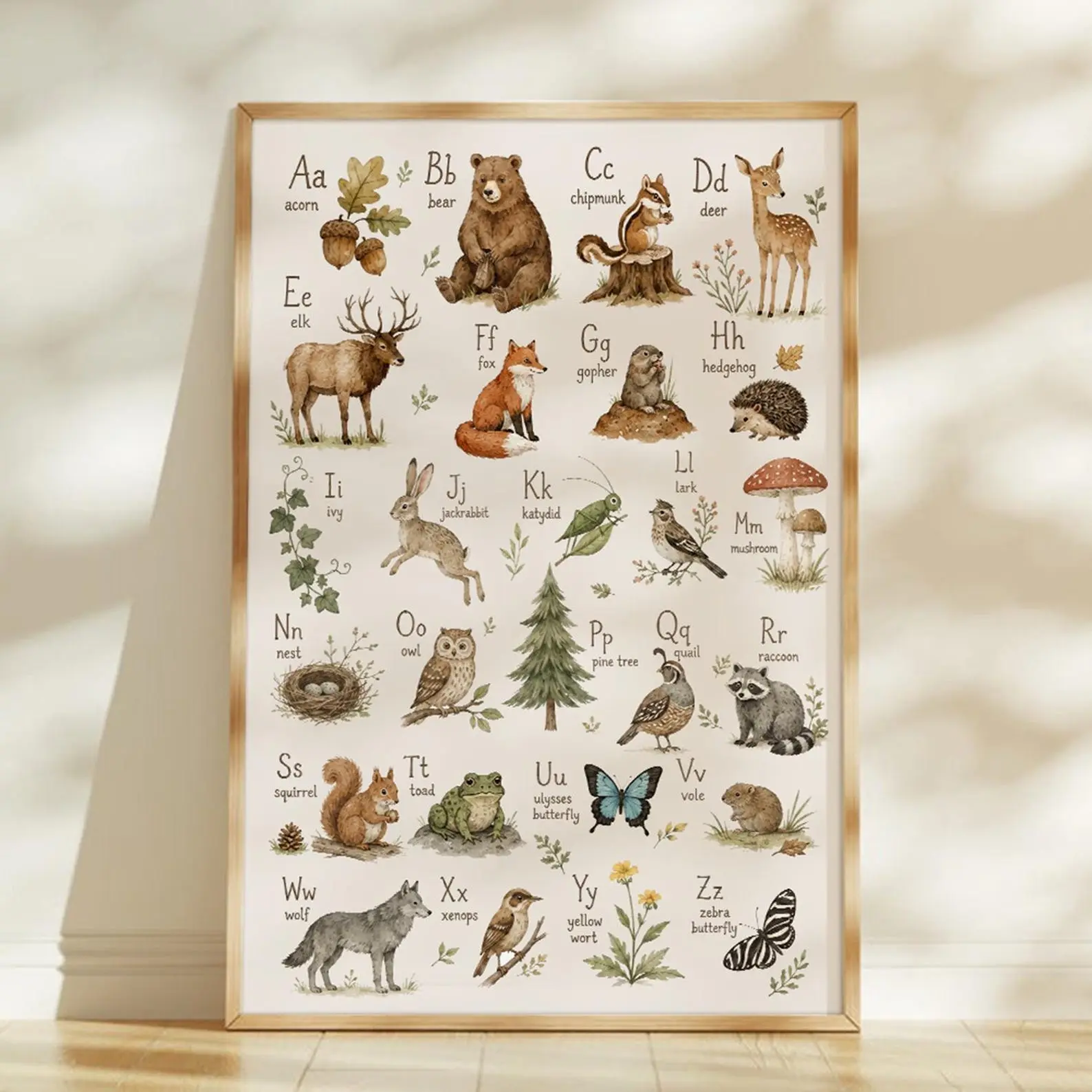 Woodland Nursery Print, Educational Alphabet & Number, Watercolor Nursery ABCs Wall Art, Forest Animals ABC, Montessori, Woodland Number