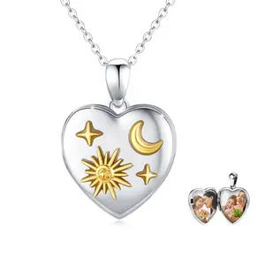 Sun and Moon Necklace Sterling Silver Locket Necklace That Holds Pictures Heart Shaped Locket Necklace for Women Teen Girls Gold Sun Moon Star Locket Jewelry