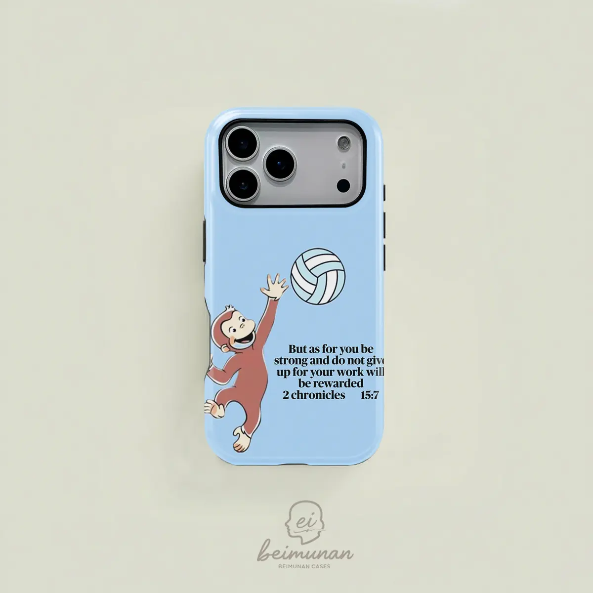 Light blue cartoon cute monkey volleyball hand-drawn pattern double-layer protective case, sturdy and durable 2-in-1 protective case, compatible with iPhone 17/16/15/14/13/12/11 Pro Max/Plus/Pro, Samsung GalaxyS25/S24/S23 Ultra/Plus series, simple and sty