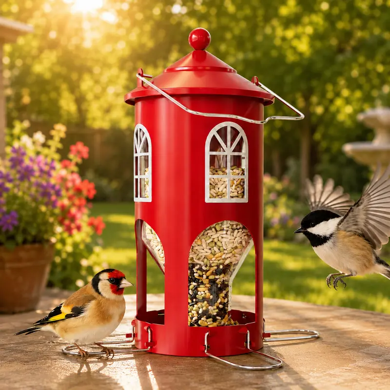 Birdream Metal Weather Resistant Bird Feeder for Outdoors Hanging, Small Lighthouse Design Seed Tube Feeder with Folding Stainless Steel Perches, Feeds Small Birds Finches Chickadees, Red