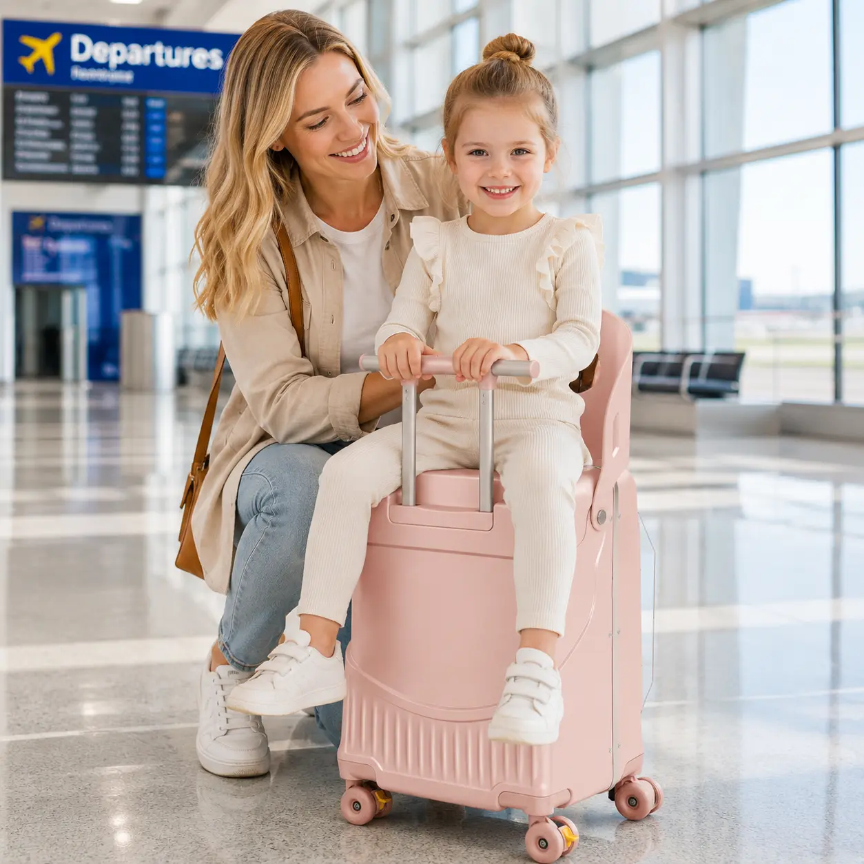 Lightweight Rideable Kids Luggage, 360° Spinner Wheel Toddler Suitcase for Family Holiday Travel Kids Wheeled Ride On Luggage