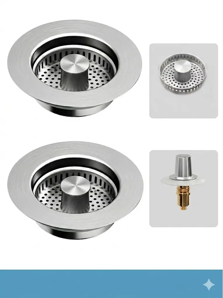 1/2-Pcs Thickened 304 Stainless Steel Kitchen Sink Drain Strainer, 3-in-1 Pop-Up Sink Stopper with Anti-Clogging Basket & Odor Filter, Fits US Standard 3.5" Kitchen Sink Drain Water