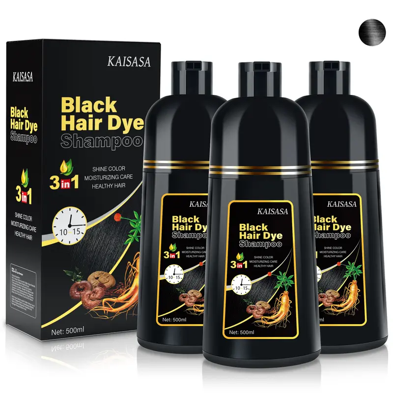 KAISASA Black Hair Dye Shampoo 3 in 1 - Can cover gray hairs, Herbal Ingredients, Contains Ginseng Extract, Natural Haircoloring, Plant Haircare