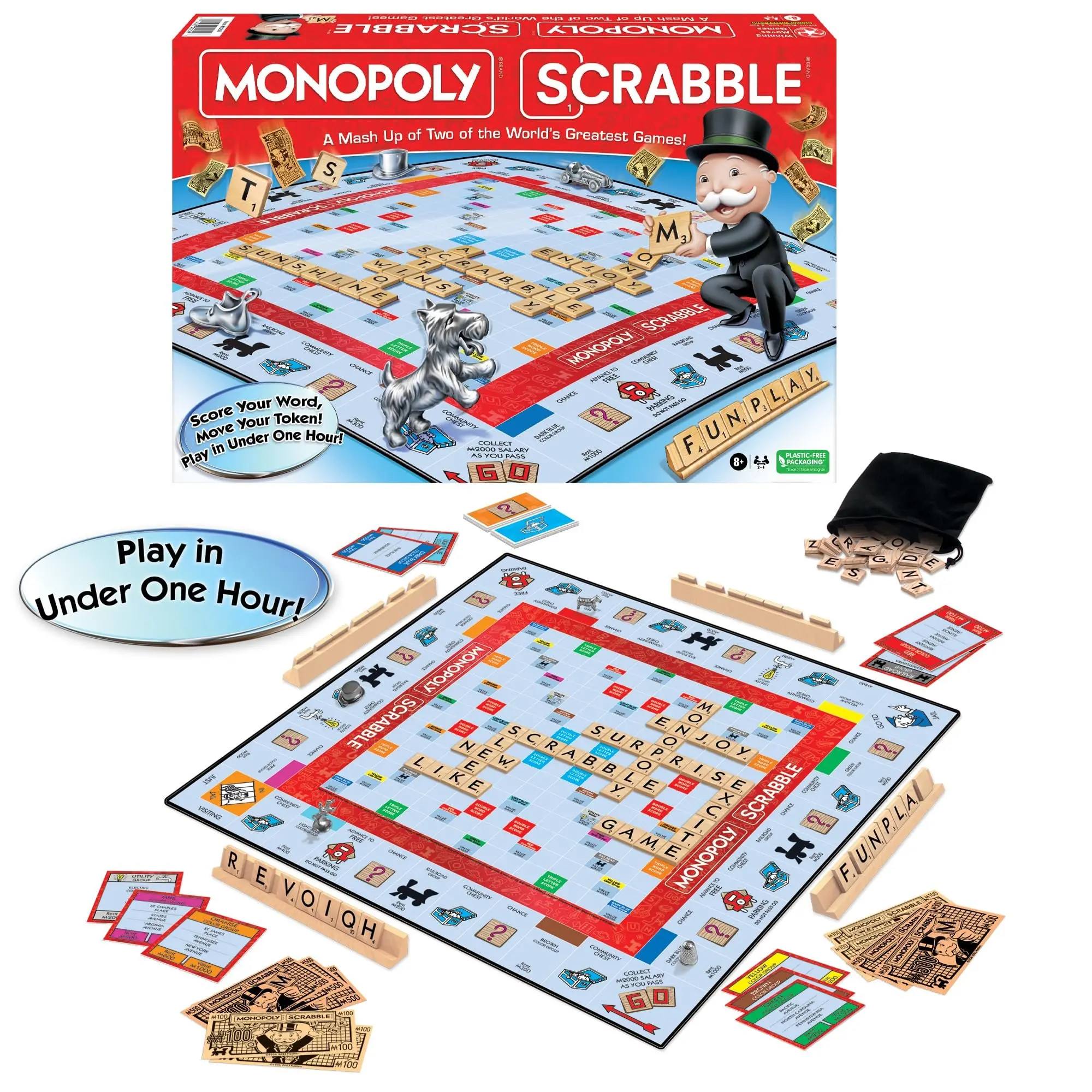 Winning Moves Games USA Monopoly Scrabble Board Game Mash-Up for 2–4 Players Ages 8+, Play in Under One Hour (1250)