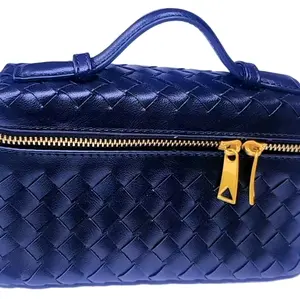 Elegant Women Luxury Handbags Smaller Party Purse for All Occasion Navy Blue Woven Design with Gold Zipper Accents
