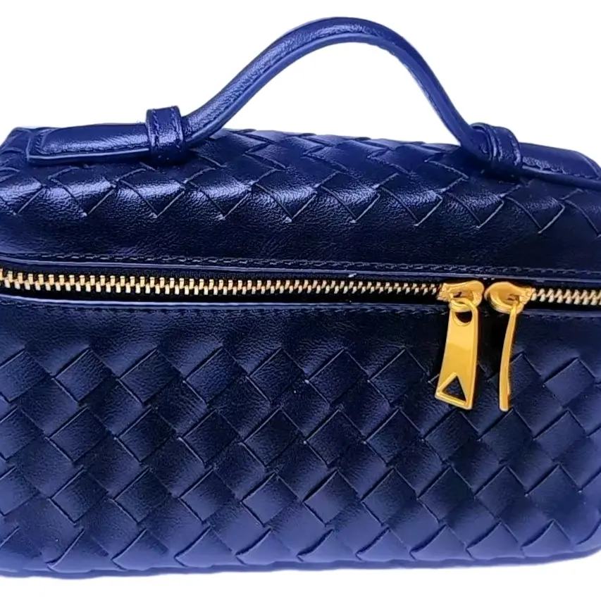 Elegant Women Luxury Handbags Smaller Party Purse for All Occasion Navy Blue Woven Design with Gold Zipper Accents