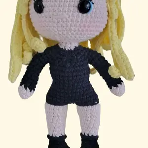United States Handmade Amigurumi Crochet Doll with Long Blonde Hair & Black Outfit 9 Inches Tall Soft and Huggable Perfect for Gifting
