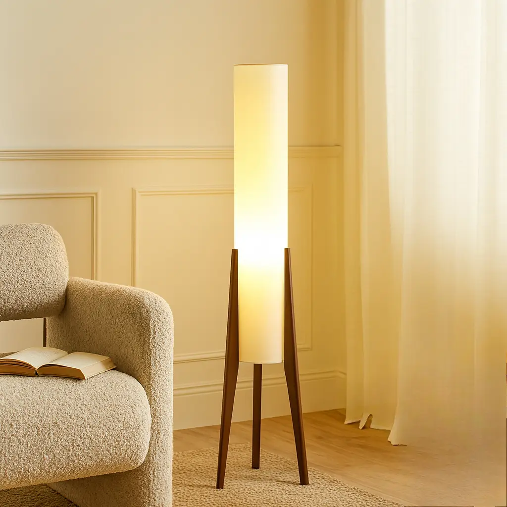 Modern Cylinder Floor Lamp with Wooden Tripod Legs, Linen lampshade, 3000k to 6000k, Dimmable LED Lamp, for office, bedroom, livingrom