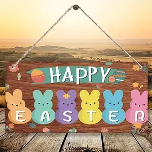Spring Happy Easter Bunny Wooden Hanging Plaque, 2D 3.94x7.87 Inches, Home Wall Decor, Home Decor Ornaments, Ideal for Home, Bars, Cafes, Garages, Farmhouse