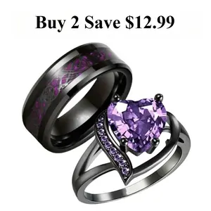 Couple’s Promise Ring Set – Heart Design for Her & Dragon Ring for Him, Vintage Style in Purple, Red, Green & Blue, Meaningful Engagement or Wedding Gift