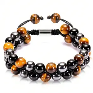 1PC Unisex Triple Protection Beaded Bracelet for Men Women, Natural Tiger Eye  Stone Adjustable Braided Cord Bracelet, Spiritual Healing Crystal Jewelry for Yoga Meditation, Ideal Birthday Father's Day Gift money