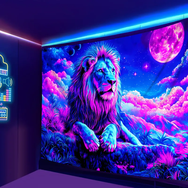 1pc Synthetic Polyester Velvet Neon Forest Lion Tapestry - Hangable Uncorded Large Fluorescent Print Neon Animal Wall Decor, Peach Light Beige Fabric, Geometric Design, No-Installation Whimsical Home Decor for Bedroom, Living Room