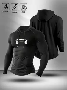 "RESTING GYM FACE" Dumbbell Graphic Hooded Compression Long Sleeve Shirt, Men's Stretch Gym Workout Fitness Athletic Hoodie (Black)