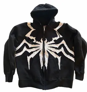 American Gothic Spider Patch Cloth Embroidered Hoodie Y2K Zipper Design High Street Loose Men's and Women's Casual Sweatshirt