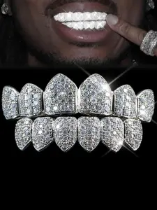 Full-Cover Imitation Diamond Frame Grills Teeth Grillz, Upper & Lower Hip-Hop Style, Trendy Fashion for Men and Women, Teeth Cover Girls, Perfect Holiday Gift