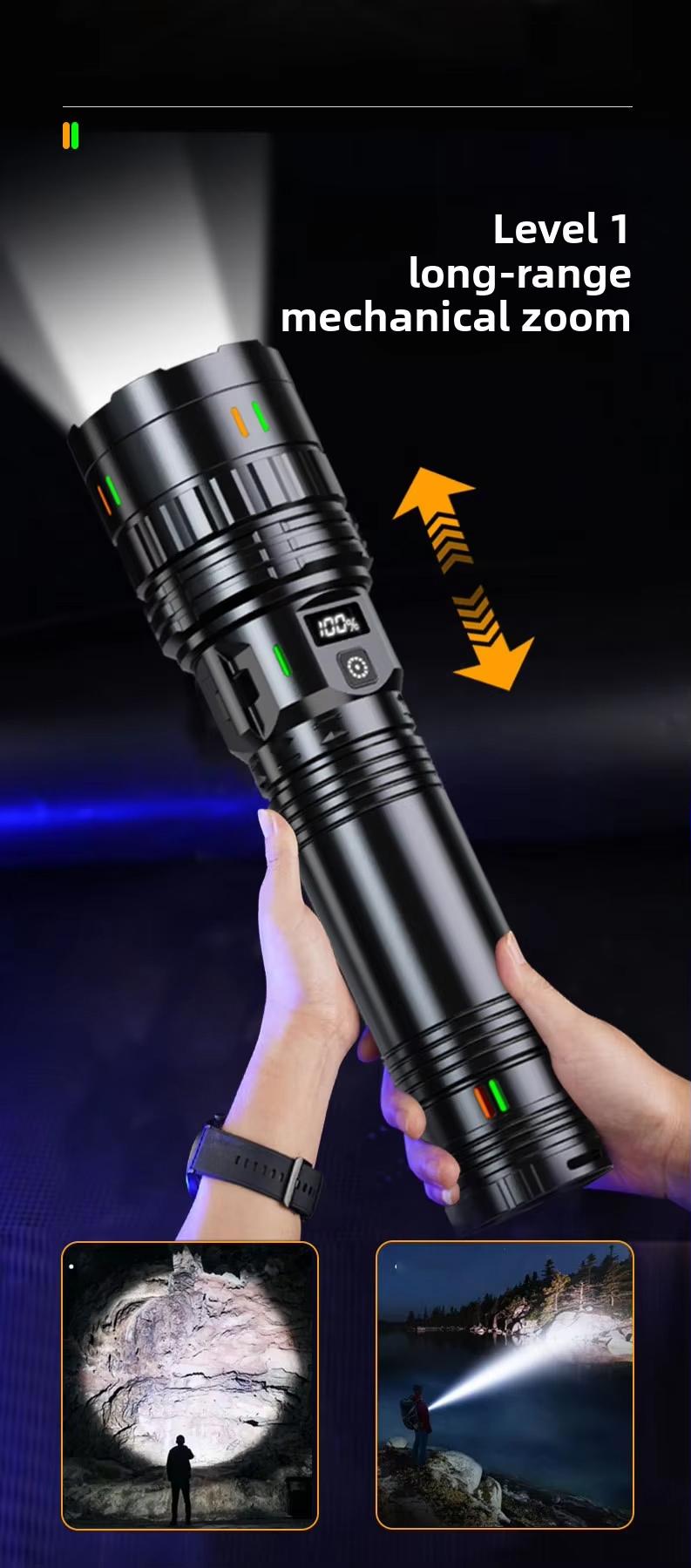 LED Flashlight,Digital display of power, Rechargeable，Zoomable, hurricanes Rechargeable LED battery powered, with 5 lighting modes summervibes