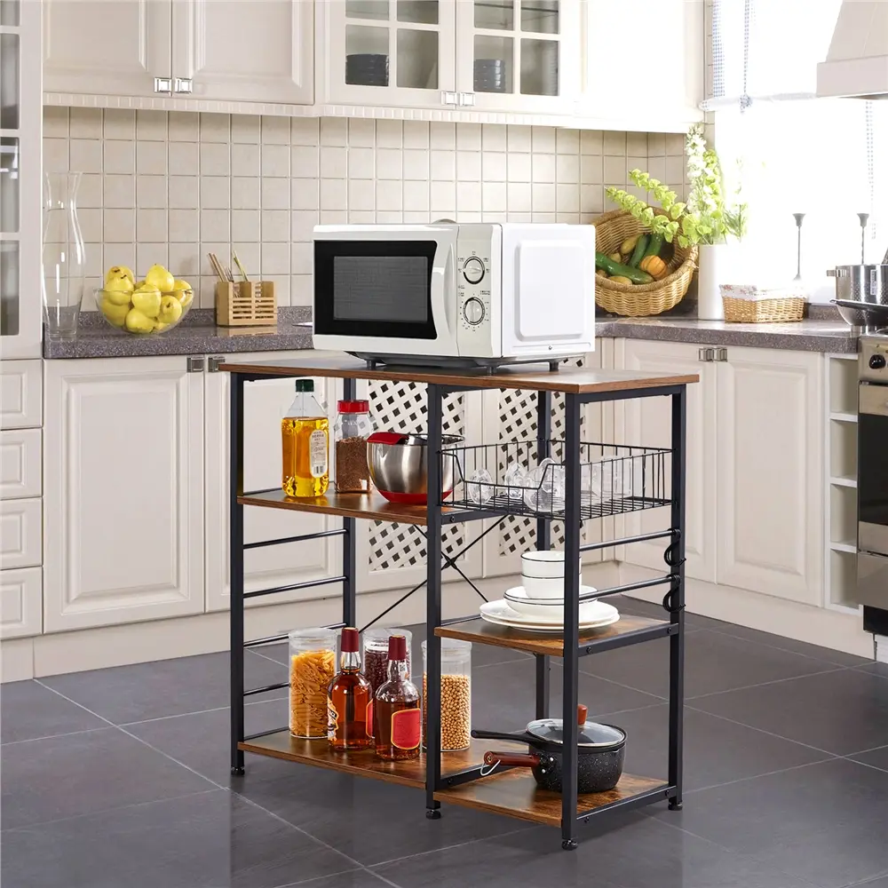Yaheetech 4-Tier Iron & Wood Industrial Look Kitchen Baker's Rack Organizer, Metal Frame Kitchen Island Utility Microwave Stand with Storage Shelves, Basket, Hooks, 39.7 lb Capacity Organizer Storage