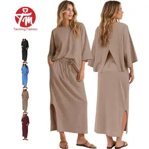 Tanming SpringFresh Women’s 2-Piece Cotton Set Back & Side Slit Top Maxi Skirt with Pockets Versatile Comfort Lounge & Casual Outfit,summerwins