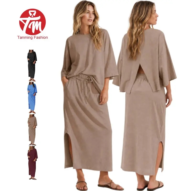 Tanming SpringFresh Women’s 2-Piece Cotton Set, Minimalist Basic Fitted Round Neck Back & Side Slit Top with Maxi Skirt, Pockets, Comfortable Lounge-Casual Outfit, Two Piece Sets Women