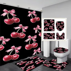 Creative Sweet Cool Girl Style Butterfly Cherry Print Shower Curtain Set, Waterproof with 12 Hooks, Bathroom Decor, Christmas Gift, Shower Essentials, Bathroom Accessory