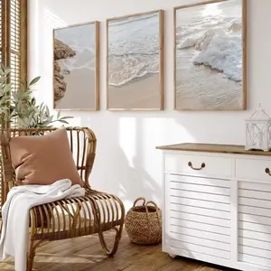 3pcs Wooden Frame Beach Reef Coastal Wind Canvas Painting Bohemian Sea Wave Spray Poster Modern Home Decor Modern Art Decor Vertical Natural Ocean Wall Art